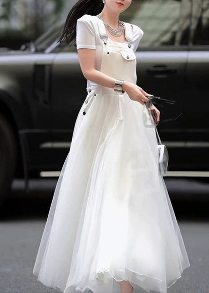 Patchwork Tulle Summer Strap Dress White Distinctive Denim FashionChic