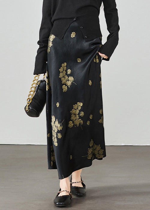 Print New Waist High Summer Skirt Silk Black FashionChic