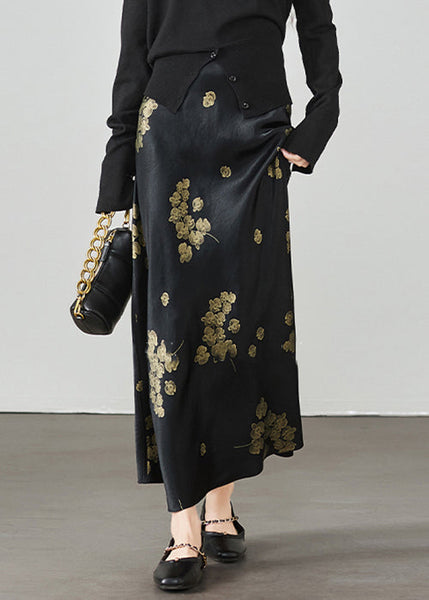 Print New Waist High Summer Skirt Silk Black FashionChic