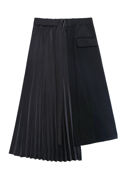 Loose Black Asymmetrical Patchwork Cotton Pleated Skirt Summer AJ1012 shopify