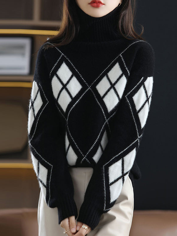 Casual Red High-Neck Contrast Color Plaid Long Sleeves Sweater QX014 shopify