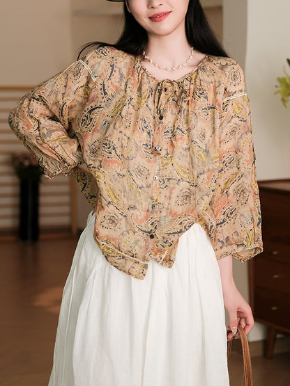 Women Summer Vintage Flower Button-Up Ramie Shirt RR1013 BUYKUD