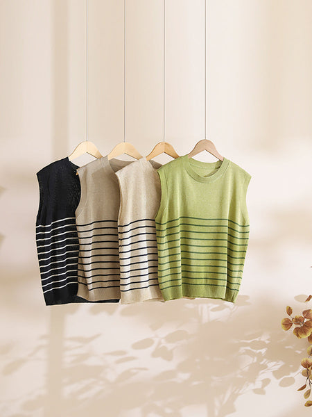Women Summer Casual Stripe Knitted O-Neck Linen Vest CX004 BUYKUD