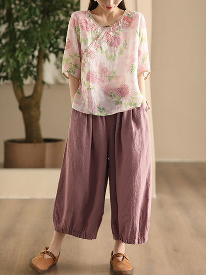 Women Summer Vintage Solid Linen Wide-leg Pants FD038 ZMMM