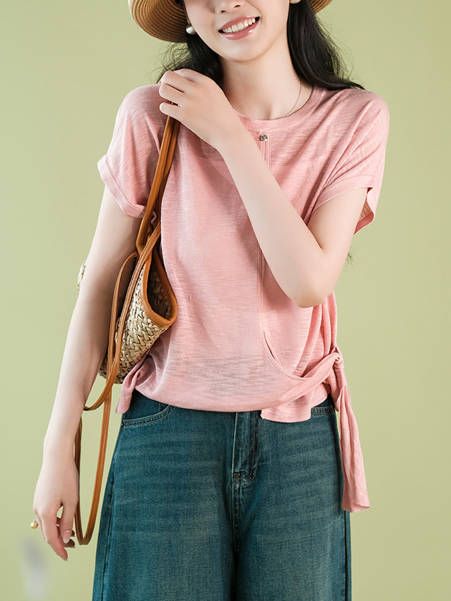 Women Summer Artsy Strap O-Neck Solid Shirt CX005 BUYKUD