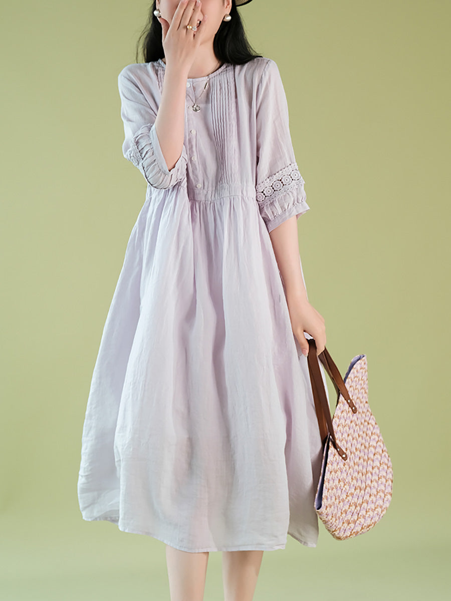 Women Summer Artsy Shirred O-Neck Lacework Ramie Dress CX030 YQMM