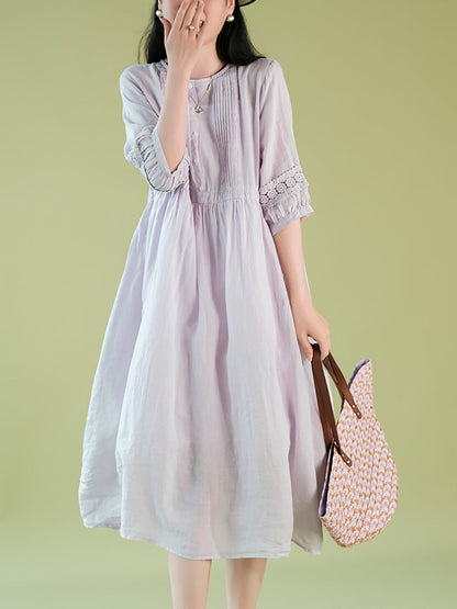 Women Summer Artsy Shirred O-Neck Lacework Ramie Dress CX030 YQMM