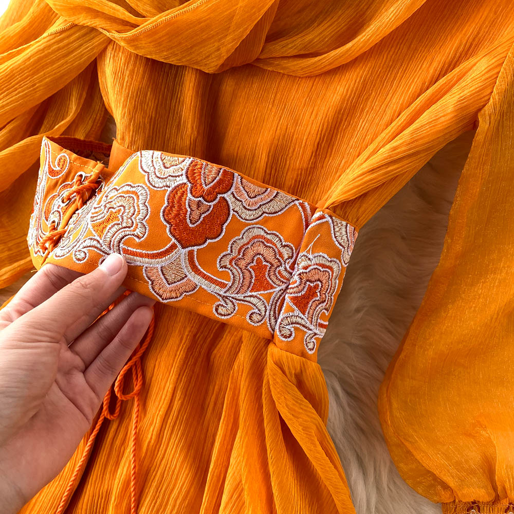 Retro Orange V Neck Splicing Embroidered Waistband Lantern Sleeve Dress AR1013 shopify