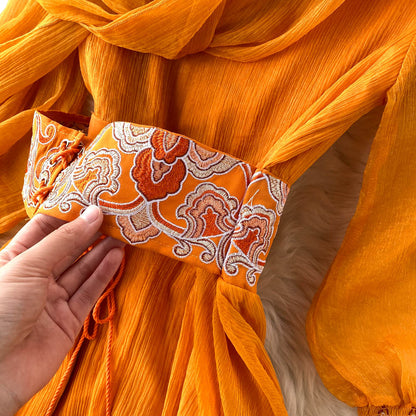 Retro Orange V Neck Splicing Embroidered Waistband Lantern Sleeve Dress AR1013 shopify