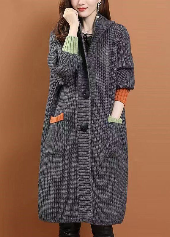 Handmade Grey Pockets Button Cotton Knit Long Hooded Cardigans Winter WD027 OL-NCT241103