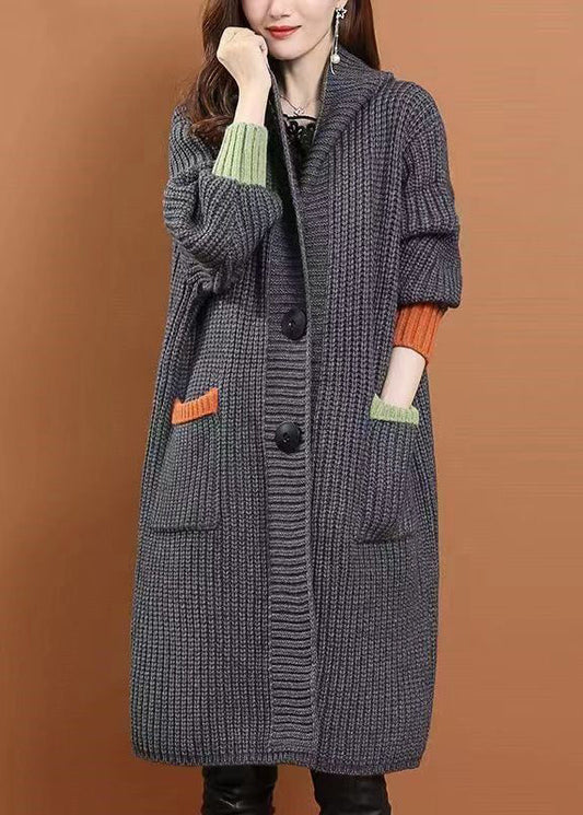 Handmade Grey Pockets Button Cotton Knit Long Hooded Cardigans Winter WD027 OL-NCT241103