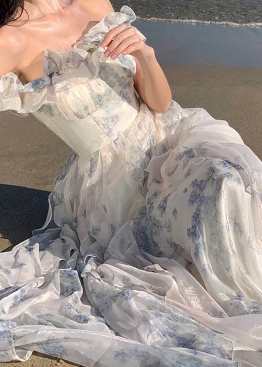 Fashion Ruffled Print Patchwork Chiffon Long Dresses Summer TT1020 shopify