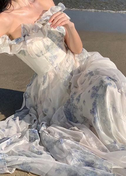 Fashion Ruffled Print Patchwork Chiffon Long Dresses Summer TT1020 shopify