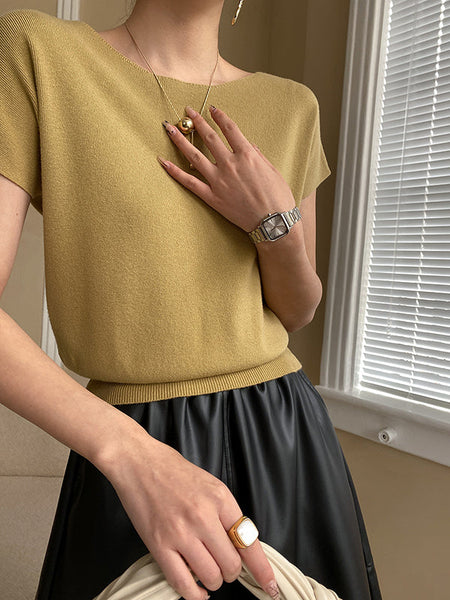 Pink Sleeve Top Short Knit Boat Loose Neck Stylish FashionChic