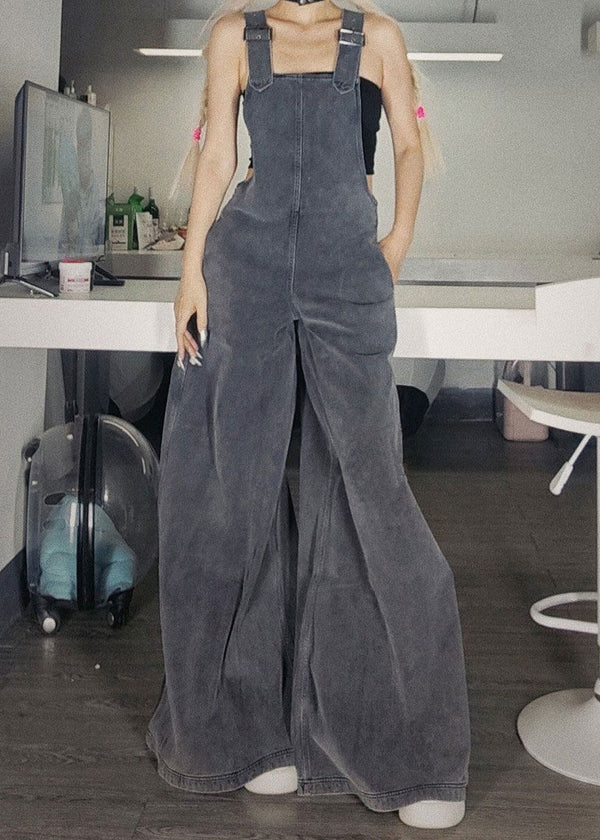 New Grey Zippered Pockets Denim Jumpsuit Sleeveless AZ1051 shopify