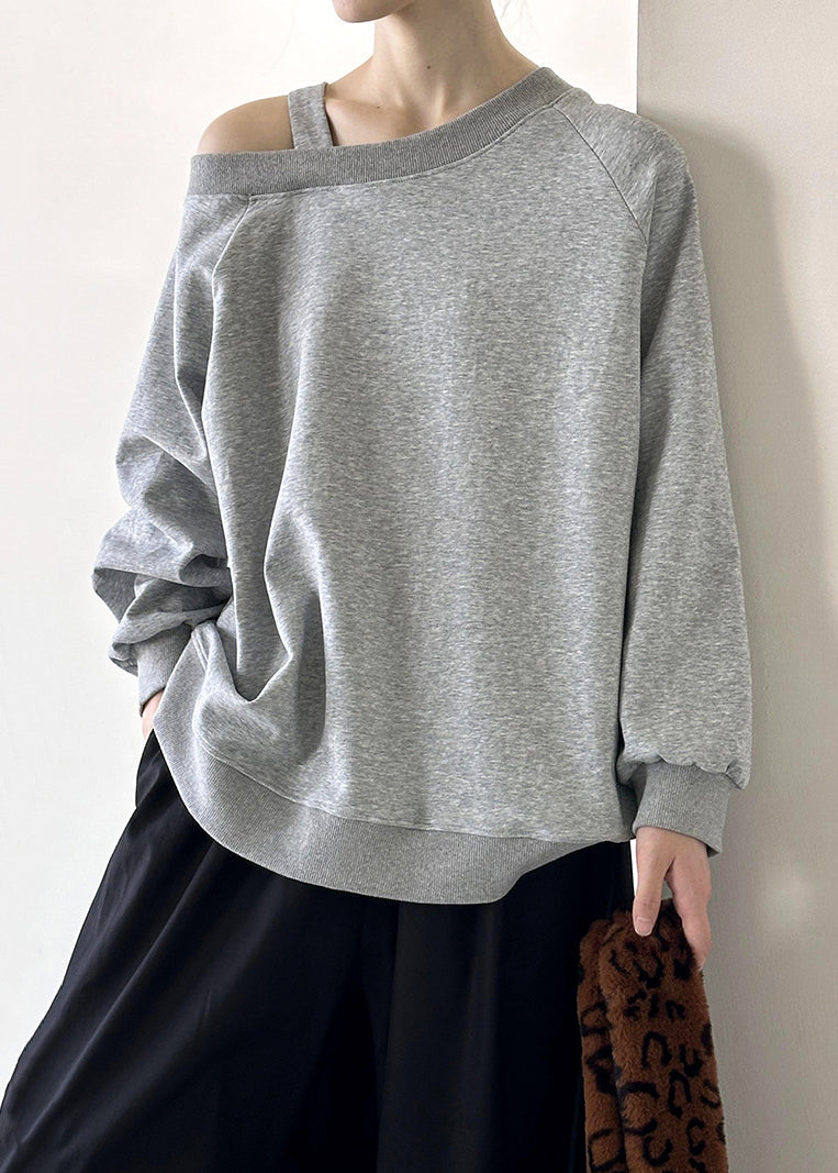 Grey Solid Cotton Top Asymmetrical Long Sleeve AF1078 HS-LTP240914