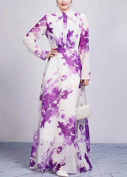 Beautiful Purple Peter Pan Collar Print Chiffon Maxi Dresses Long Sleeve AR1029 JDML-240823