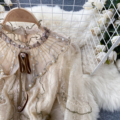 Elegant Khaki Stand Collar Embroidery Lace Long Sleeve Patchwork Sequins Tweed Dress AR1012 shopify