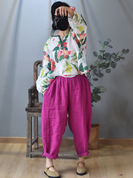 Women Ethnic Spring Flower Print V-Neck Shirt LL060 QYMM