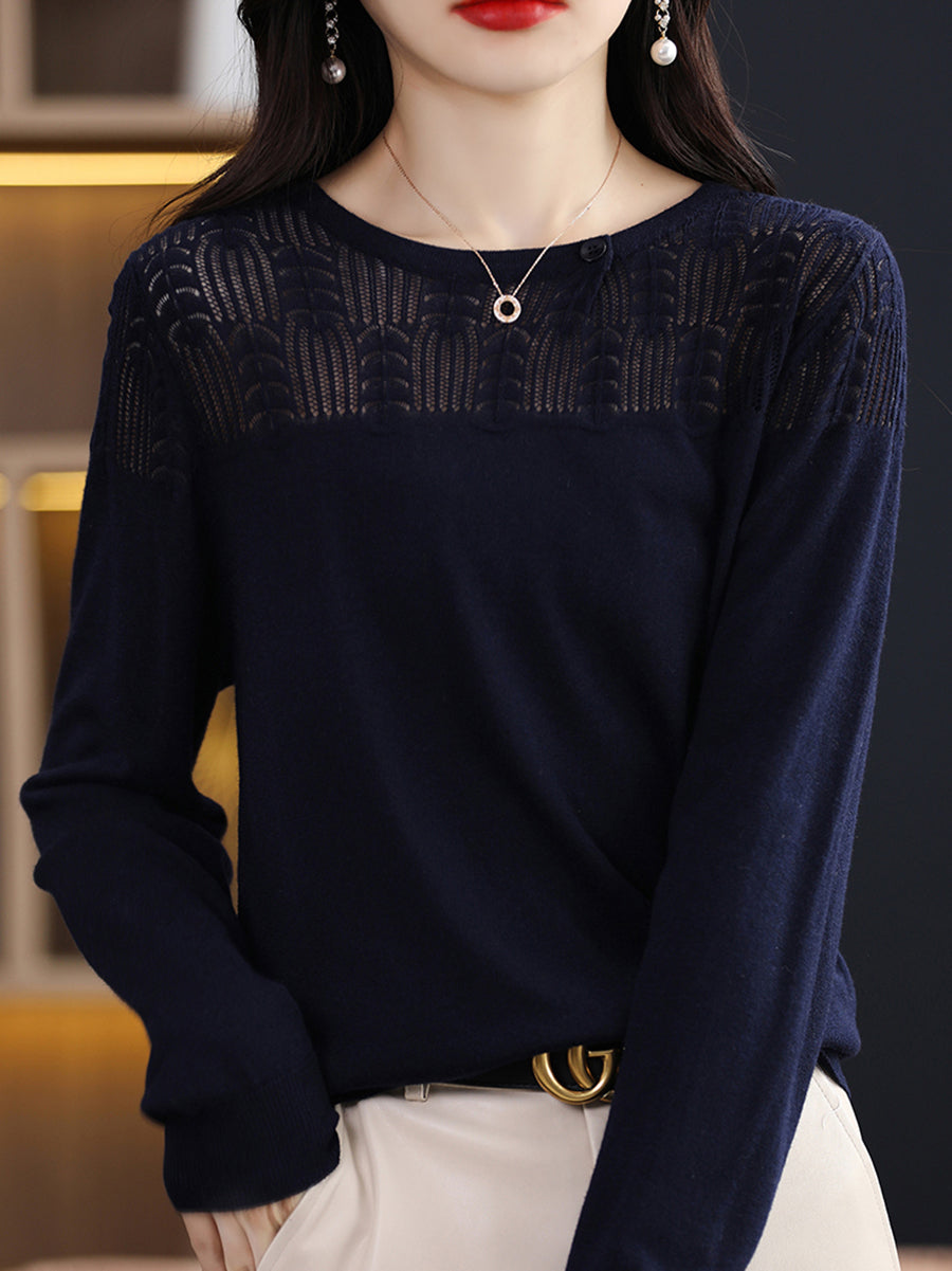 Women Autumn Solid Knit 100%Wool O-Neck Sweater QM019 BK