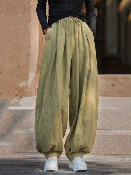 Women Autumn Vintage Solid Ramie Loose Bloomers AV1057 Genistyle Shop