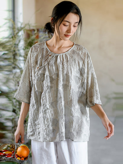 Women Summer Vintage Print O-Neck Button Loose Shirt II1009 BUYKUD