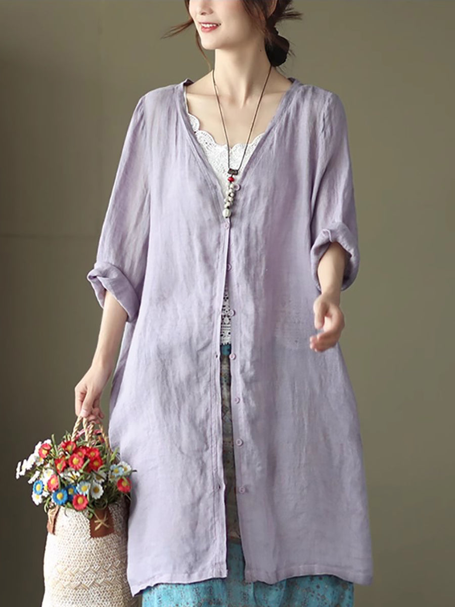 Women Summer Casual Solid Linen Button-up Long Shirt SC1033 Ada Fashion