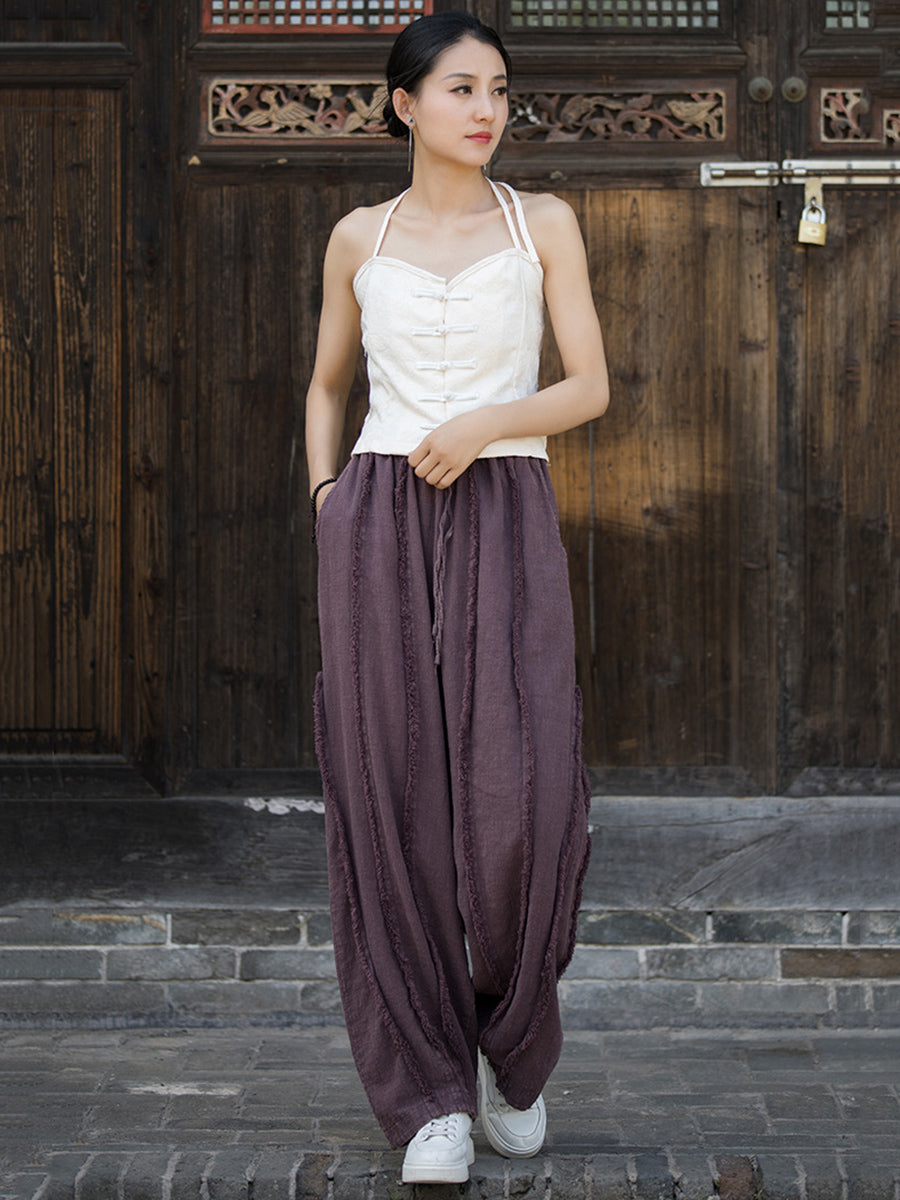 Women Ethnic Solid Raw-edge Wide-leg Ramie Pants FD053 BXF
