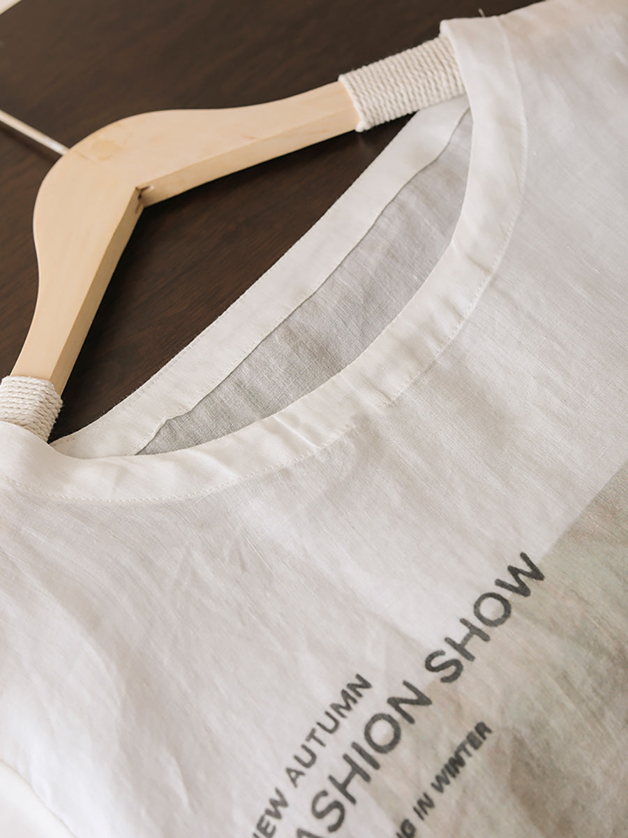 Women Summer Casual Split Hem Print O-Neck Ramie Shirt LL042 BUYKUD