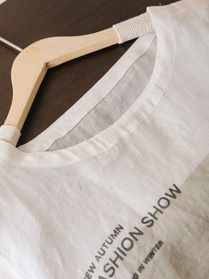 Women Summer Casual Split Hem Print O-Neck Ramie Shirt LL042 BUYKUD