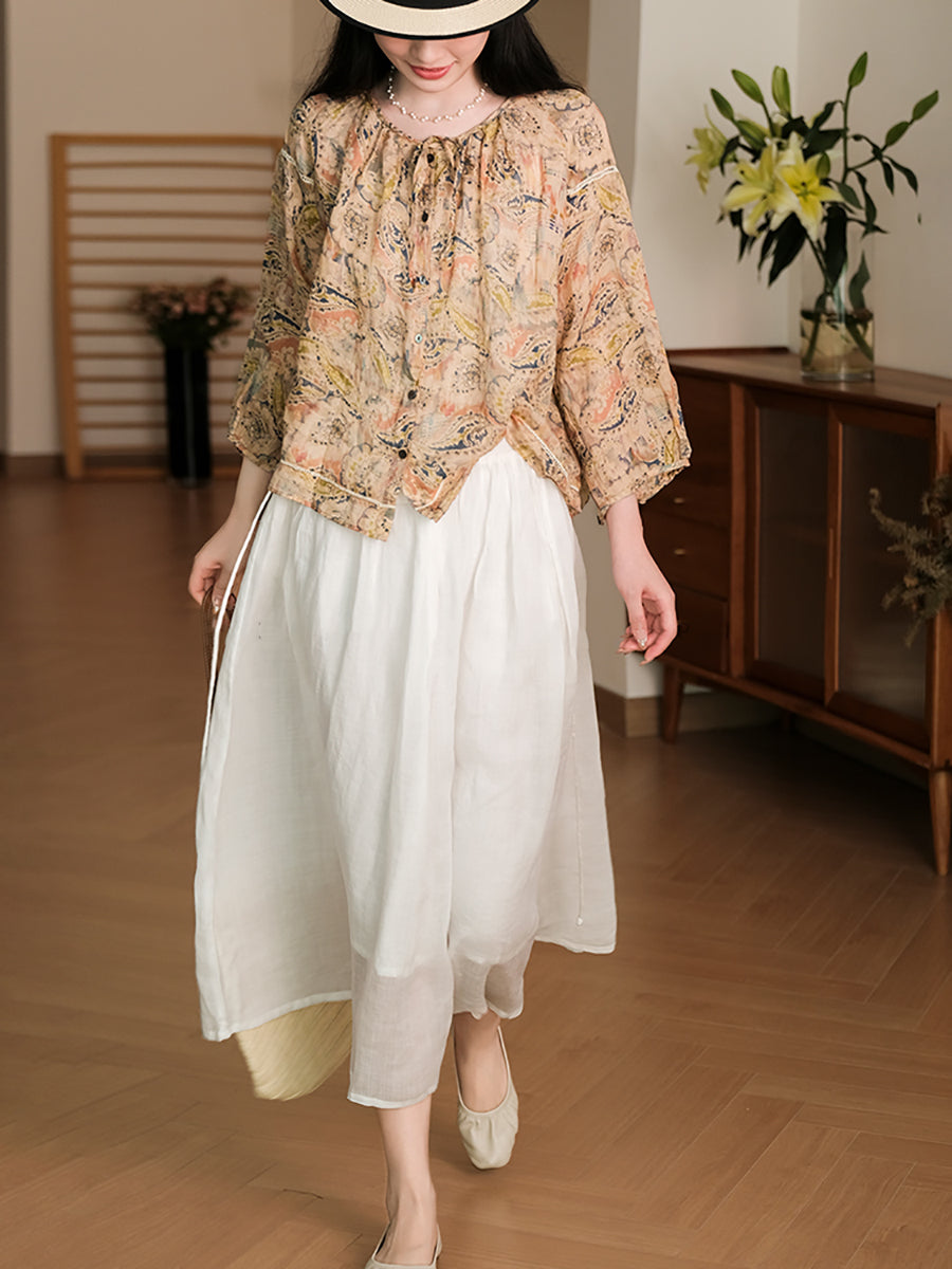 Women Summer Vintage Flower Button-Up Ramie Shirt RR1013 BUYKUD