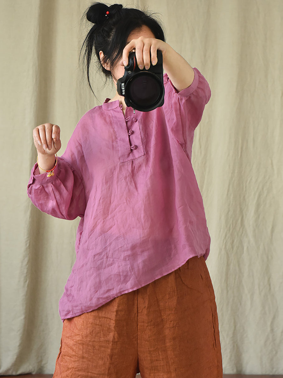 Women Vintage Solid 100%Ramie Summer Loose Shirt AS1047 QYMM