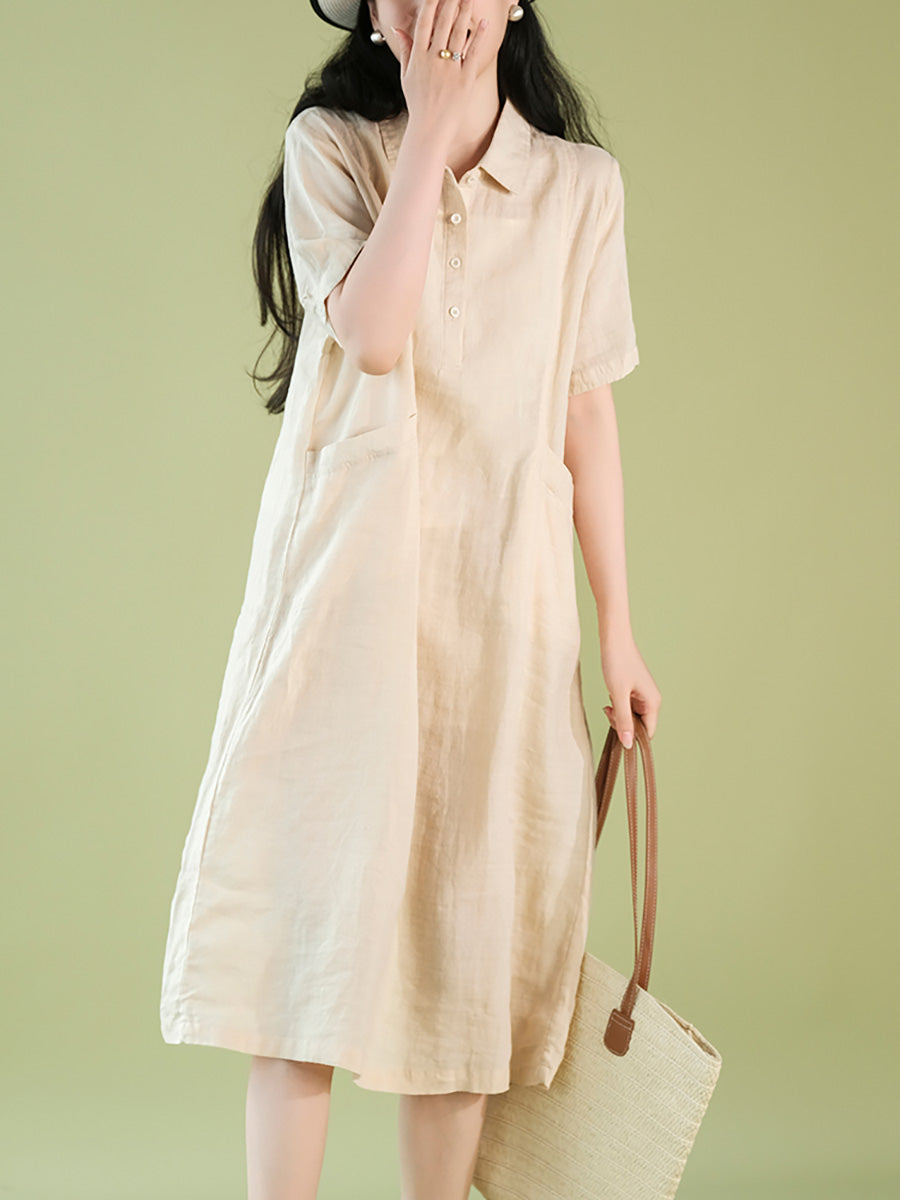 Women Summer Casual Solid Polo Collar 100%Ramie Dress CX056 ZMMM