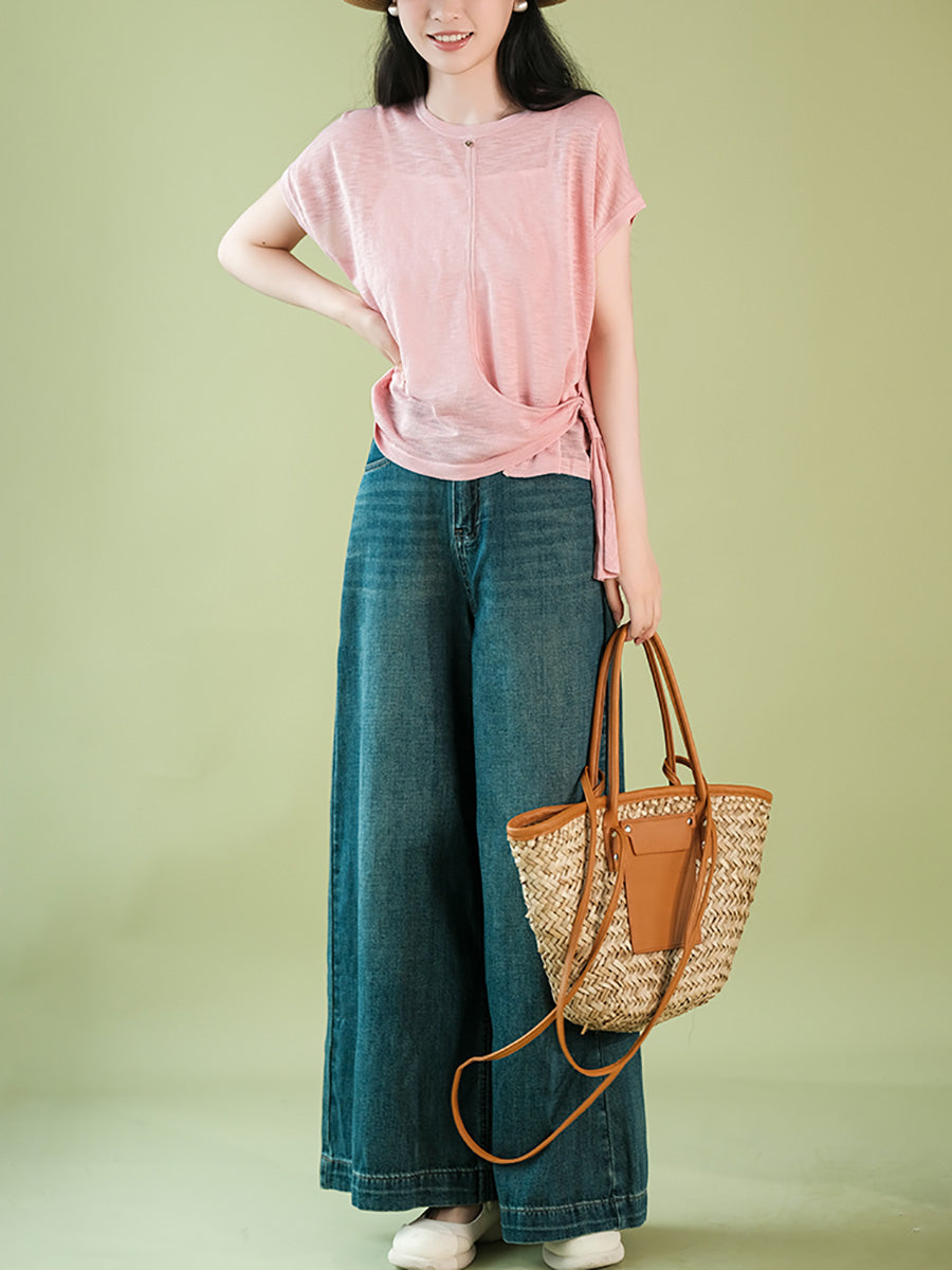 Women Summer Artsy Strap O-Neck Solid Shirt CX005 BUYKUD