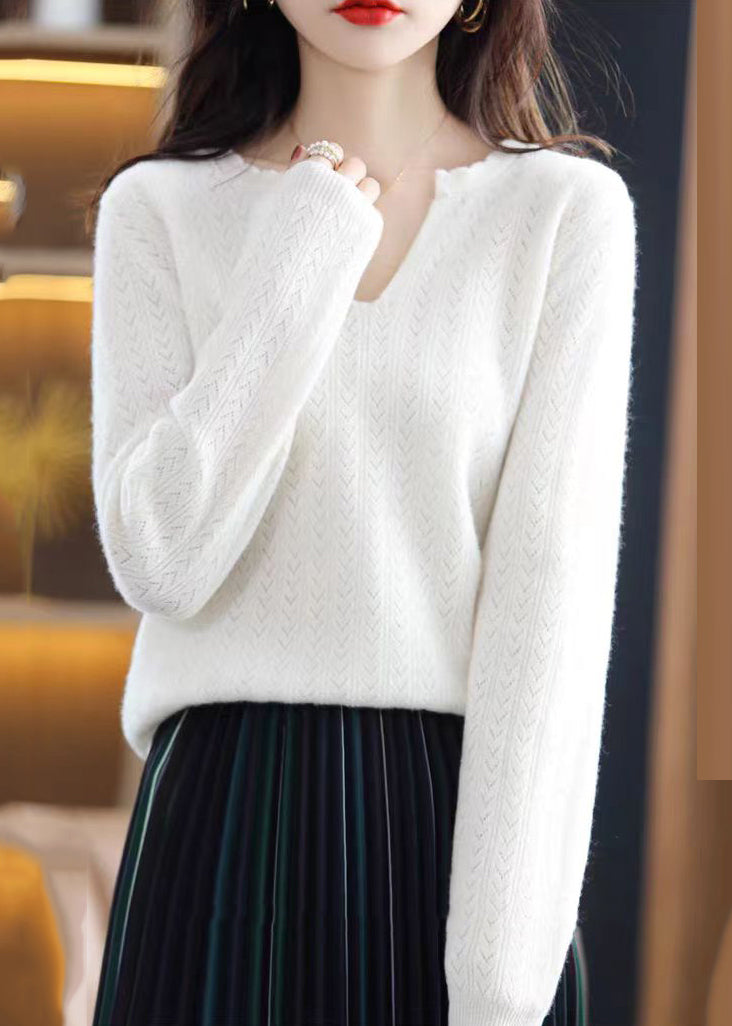 Simple White V Neck Ruffled Cotton Knit Sweaters Fall QP019 OL-NTP241001