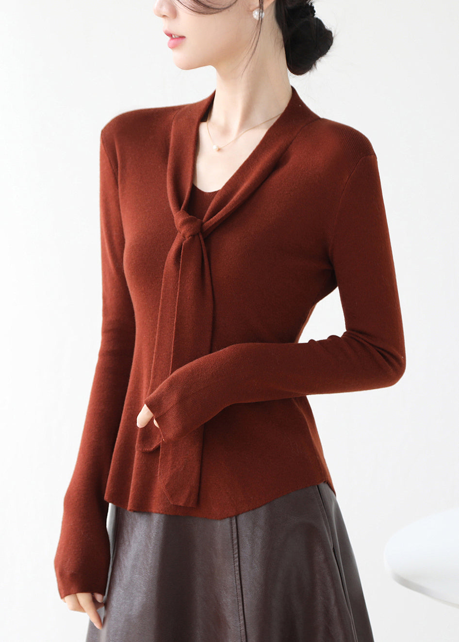 Fine Brown V Neck Lace Up Knit Sweater Fall Winter RV030 ABC