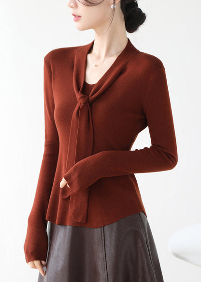 Fine Brown V Neck Lace Up Knit Sweater Fall Winter RV030 ABC