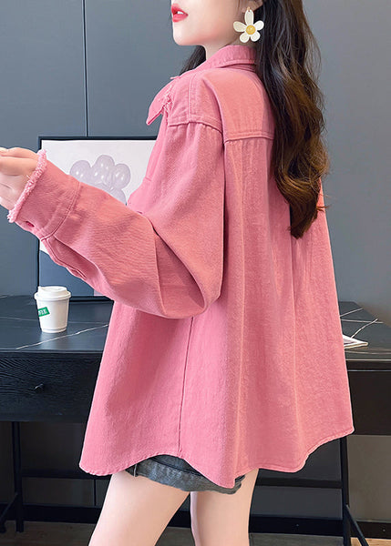Casual Pink Peter Pan Collar Pockets Denim Shirts Coat Fall QX021 shopify