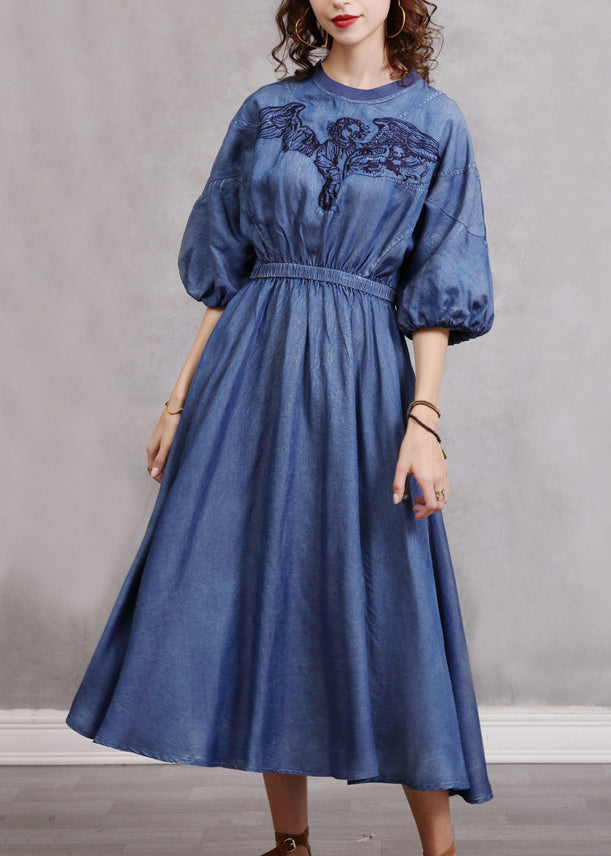 Vintage Blue Embroidered Elastic Waist Long Denim Dress Lantern Sleeve NN024 shopify