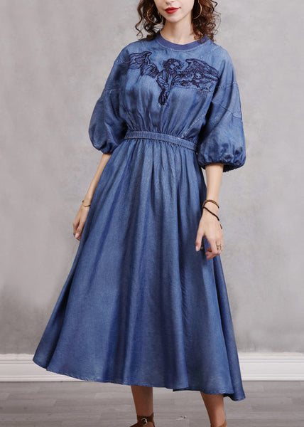Vintage Blue Embroidered Elastic Waist Long Denim Dress Lantern Sleeve NN024 shopify
