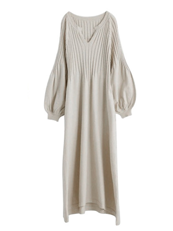 Causal Loose Grey V-Neck Pleated Long Puff Sleeve Knit Dress AN1038 Genistyle Shop