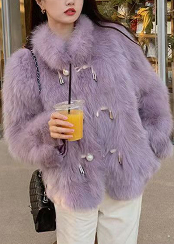 Fitted Purple Stand Collar Button Leather And Fur Coats Winter RY005 ABC