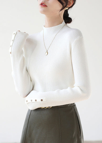 New White Hign Neck Button Patchwork Knit Sweater Winter RV026 ABC