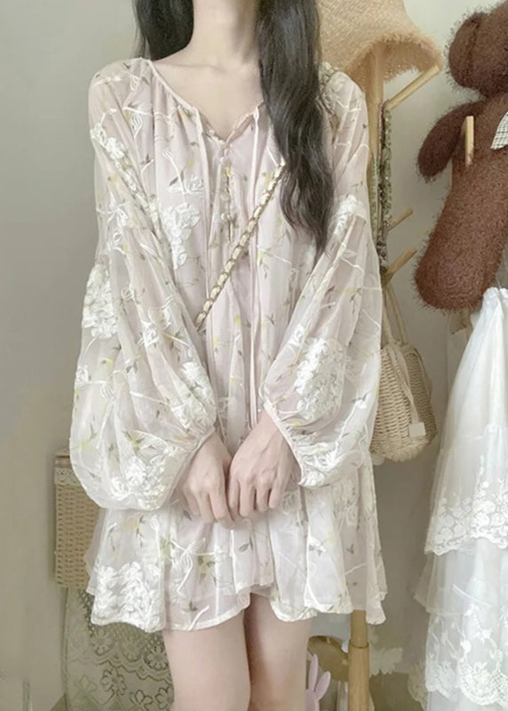 Chic Apricot V Neck Embroidered Silk Mid Dress Lantern Sleeve NN039 shopify