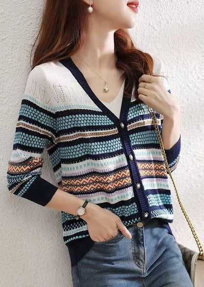 Women Colorblock V Neck Striped Patchwork Button Knit Cardigans Fall QP010 OL-NCT241001