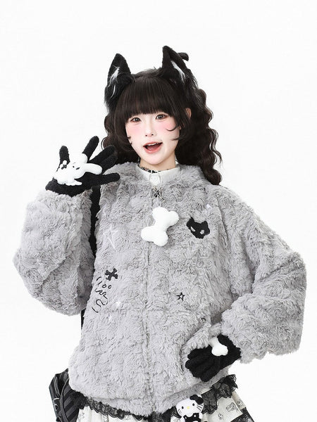 Hoodie Star Plush Bittersweet Pattern Black/Grey Jacket with FashionChic