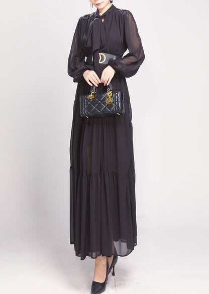 Black Bow Wrinkled Chiffon Maxi Dress Long Sleeve AO1043 JDML-FDL240909