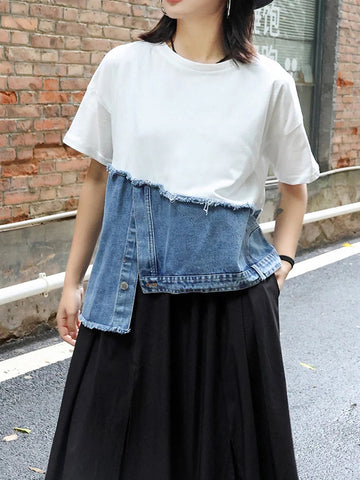 Denim Street Patchwork Sleeve White Short T-Shirt O-neck Hem FashionChic