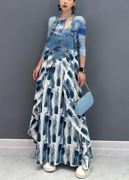 Art Blue Print Pockets Patchwork Long Dress Sleeveless AR1034 JDML-240823