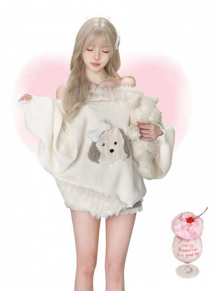 Kawaii - Decor with Bone Brooch Plush Sweater Accents Off-Shoulder Daily White Puppy FashionChic